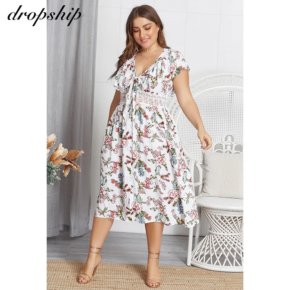 

Dropship Dress Summer Women Dresses Plus Size White 2019 Sexy Boho Midi Vestidos Beach Lace Floral Prnting Lace-up V-neck