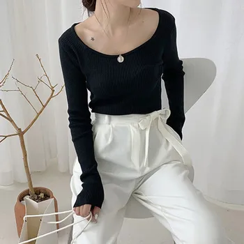 

Women Sweater Solid Color Long Sleeve Korean Style Sweaters Fashion Slim Soft Square Collar Knit Pullover Sweater