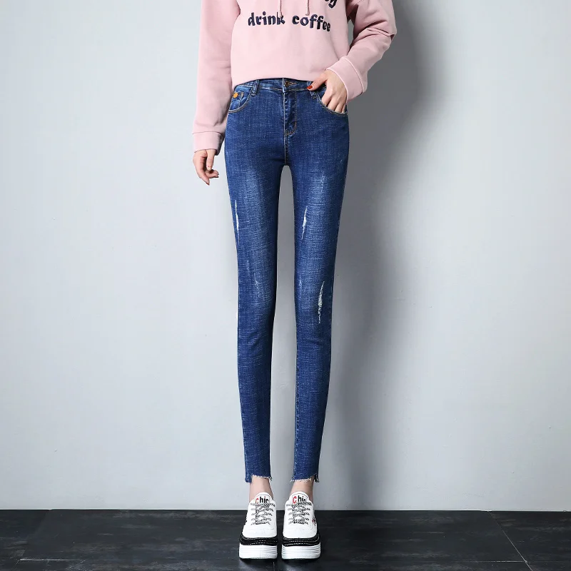 ZSRS Nine-cent Jeans Women's Holes Spring New Slim Korean Tight-legged Irregular Light-colored Pencil Pants - Цвет: Синий
