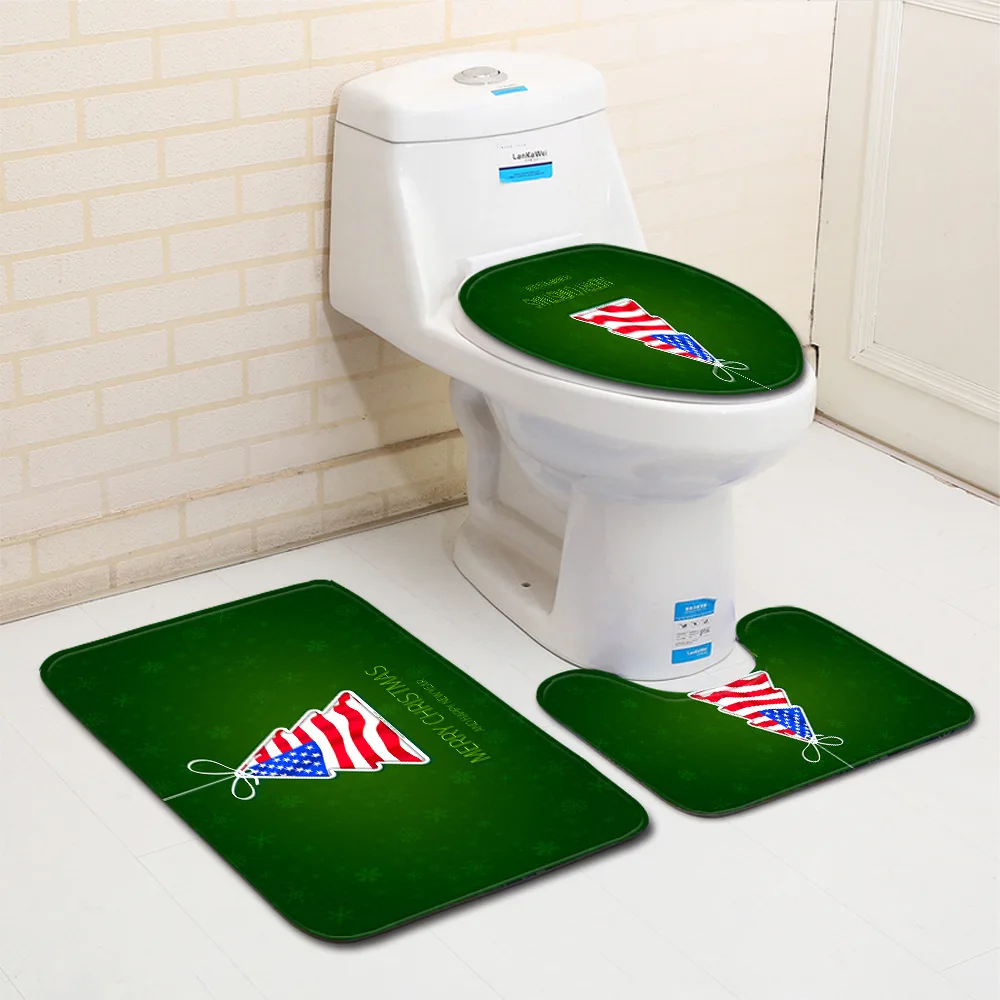 Zeegle Christmas 3pcs Bathroom Mat Set Anti-slip Bathroom Doormat Shower Mat Flannel Soft Toilet Seat Cover Absorbent Toilet Set
