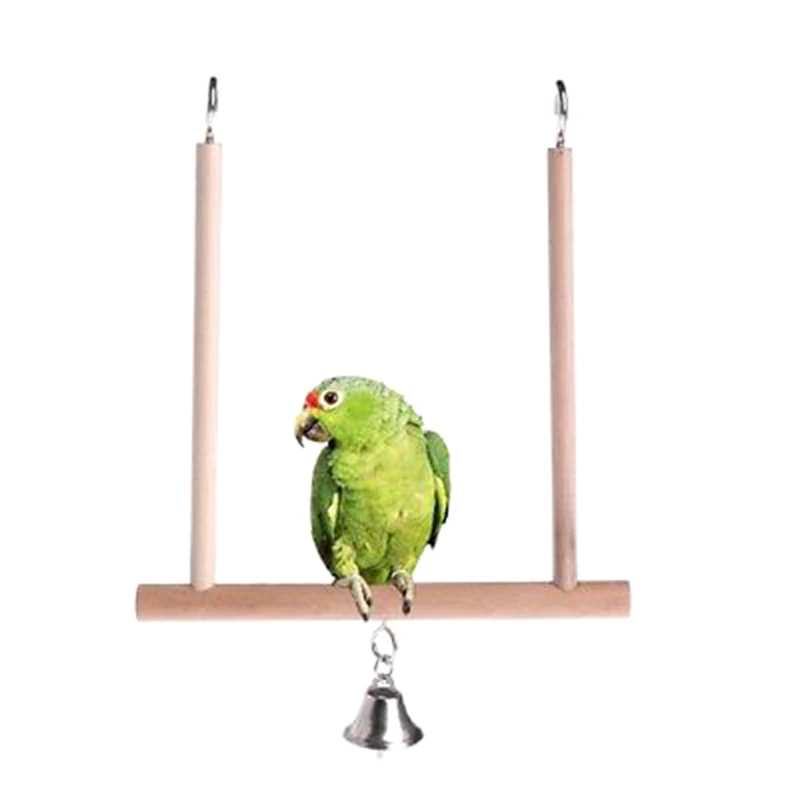 1PC Natural Wooden Cage Hanging Swing Bell Birds Perch Parrot Play Toys Stand Holder 18*12.5cm