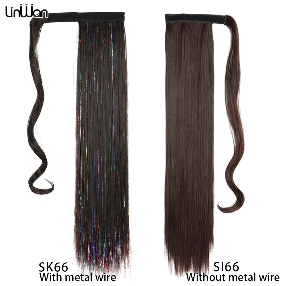LINWAN Synthetic Long Straight Wrap Around Clip In Ponytail Hair Extension Heat Reistan Pony Tail Fake Hair