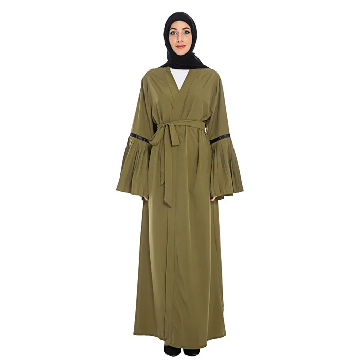 Плиссированное кимоно Абая Дубай мусульманское платье Абая для женщин турецкий хиджаб платье ислам одежда Кафтан марокканский кафтан Djelaba Femme - Цвет: Зеленый