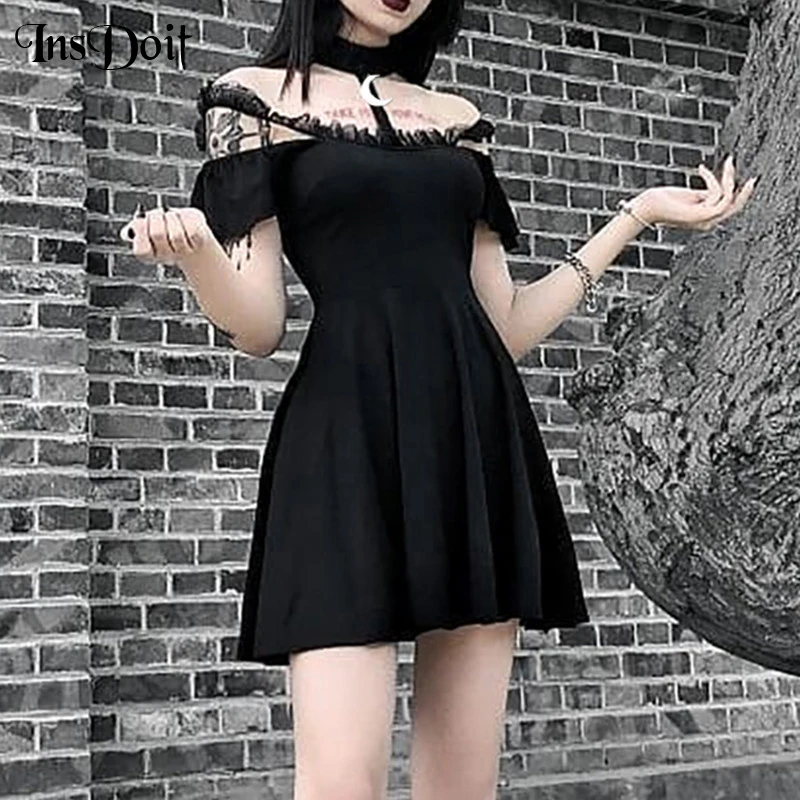 

InsDoit Goth Halter Black Dress Women Harajuku Vintage Aesthetic Sexy High Waist Mini Dress Punk Elegant Summer Dress For Women