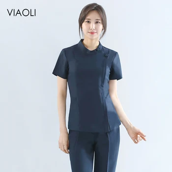 

SPA technician suit womens elegant quality tops+pants set slim fit overalls beautician beauty salon work clothing health uniform