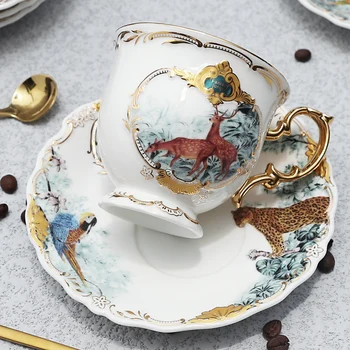 

Newest arrival porcelain coffee cup set jungle animal coffee cup and saucer bird monkey style gold Bone China tea cup WF9165