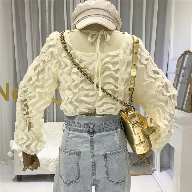 ALPHALMODA Осень 3D развевающиеся женские милые стильные шифоновые блузки рубашки с длинным рукавом пуловеры сплошной модный наряд