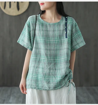 

Summer Fresh linen plaid T shirts o neck short sleeve female tops
