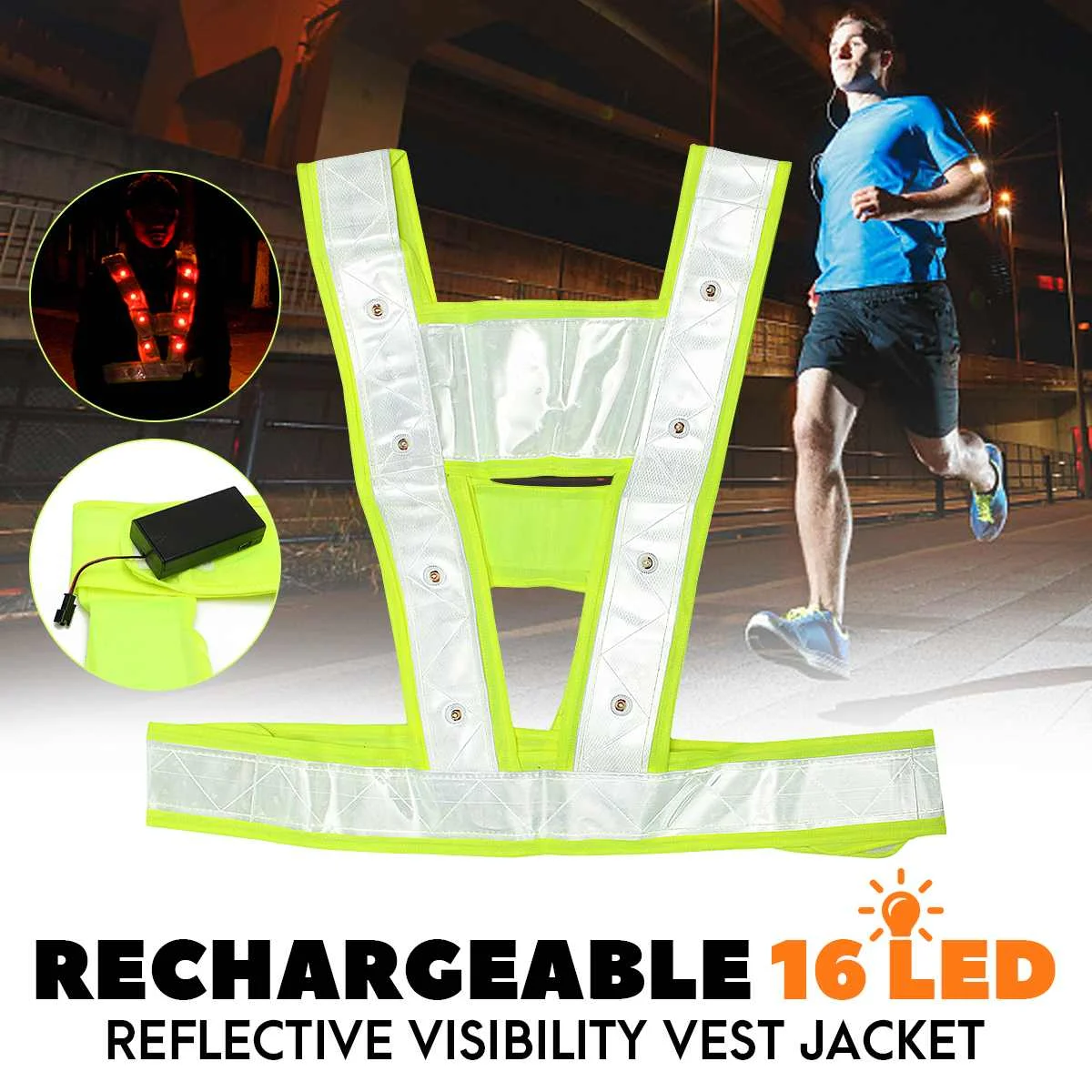 

Cycling Running 16 LED Light Up Reflective Stripes Safety Vest High Visibility for Outdoor Safety Jogging Cycling