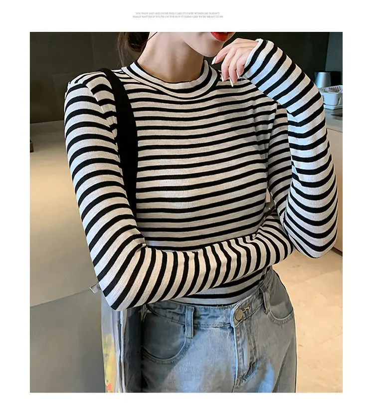 BOBOKATEER Winter Long Sleeve T shirt Women Tshirt Vintage Stripe Shirt Clothes Women Tops Stretch Cotton Tee Shirt Spring