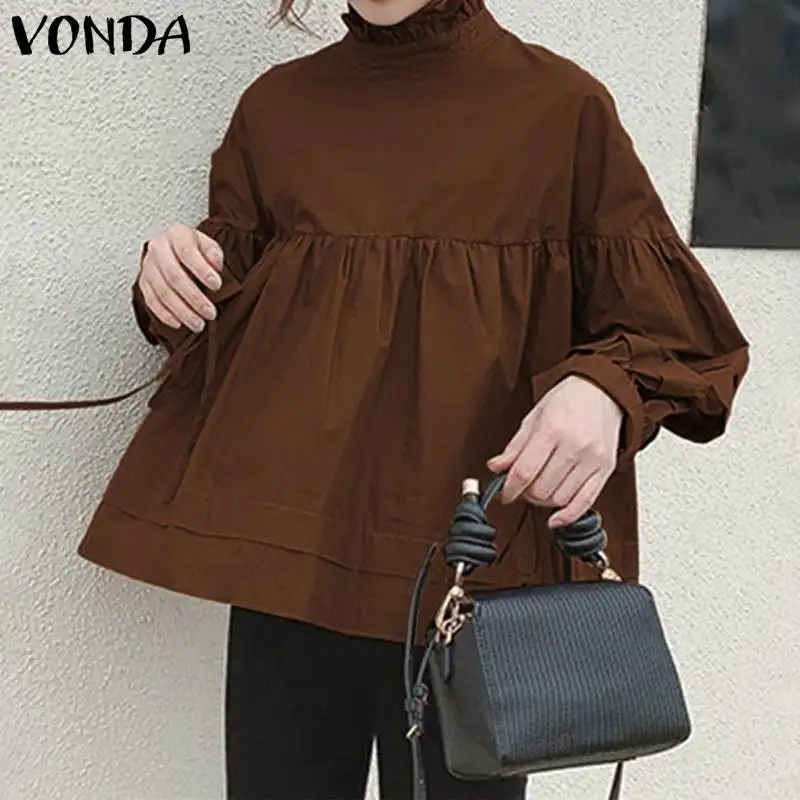 Fashion Women Blouses 2020 Autumn Solid Color Long Sleeve Tops Femme Basic Shirts VONDA Bohemian Blusas Plus Size OL Office Tops