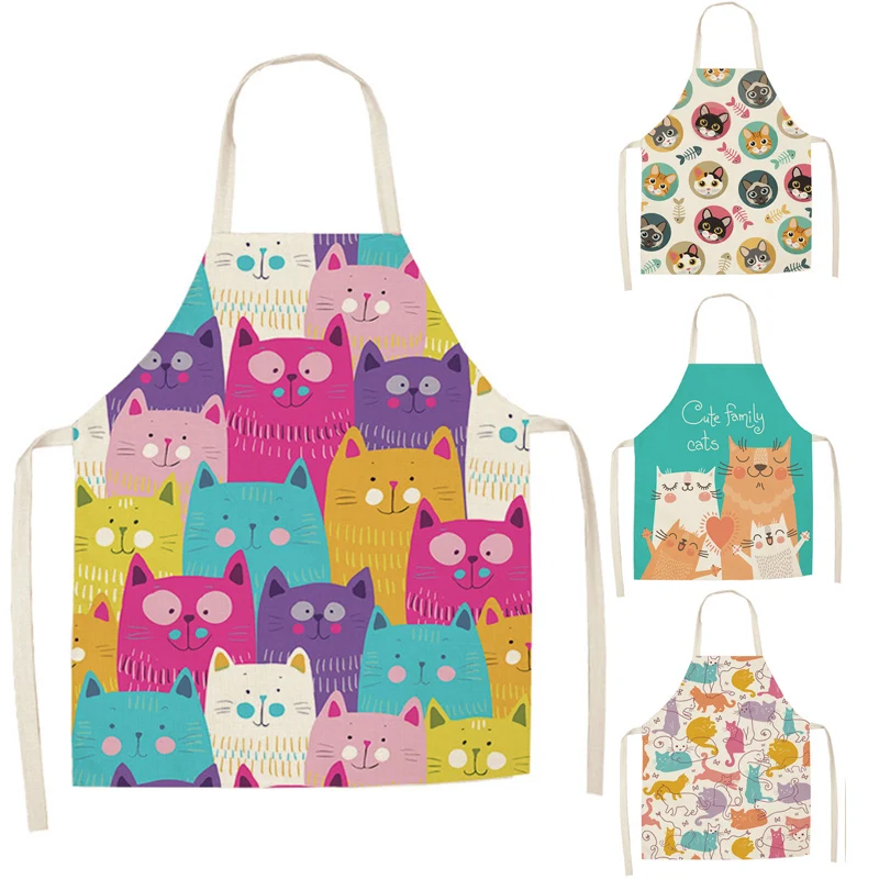 1 Pcs Kitchen Apron Cute Cartoon Cat Printed Sleeveless Cotton Linen Aprons for Men Women Home Cleaning Tools WQTF28