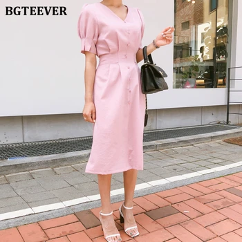 

BGTEEVER Casual Sweet V-neck Single-breasted Women Dress Casual Short Sleeve Slim Waist Female Dress A-line Vestidos 2020