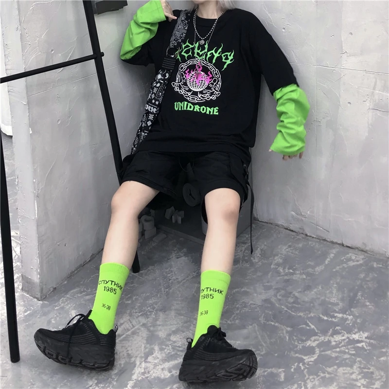 Корейский ins хип хоп Ulzzang Футболка с принтом дропшиппинг панк улица Винтаж harajuku camisas черный поддельные две одежды Топы женские футболки
