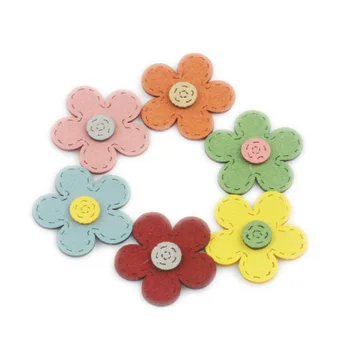 

PU Leather Fabric Spring Flowers Colorful Floral Patch Sticker Garment Ornament Accessories Girl Bow Clip DIY Button 60pcs 35mm