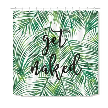 

Green Tropical Coconut Palm Leaf Shower Curtain with Hooks,Black Font Get Naked Funny Bathroom Curtains 72x72 inch Waterproof