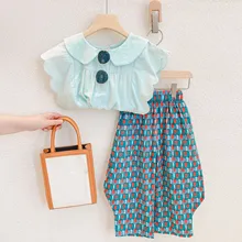 קיץ בנות בגדים סטי הונג קונג סגנון בובת צווארון גלי שרוולים למעלה + רחב רגל מכנסיים תינוק בגדי ילדי ילדים תלבושות|Clothing Sets|  