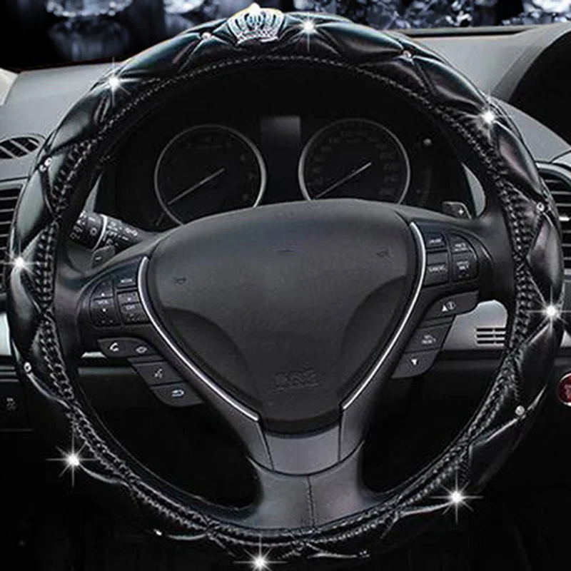 Женские ПУ Кожаные чехлы рулевого колеса автомобиля алмаз Авто рулевое покрытие Чехлы для леди девушки автомобильные аксессуары