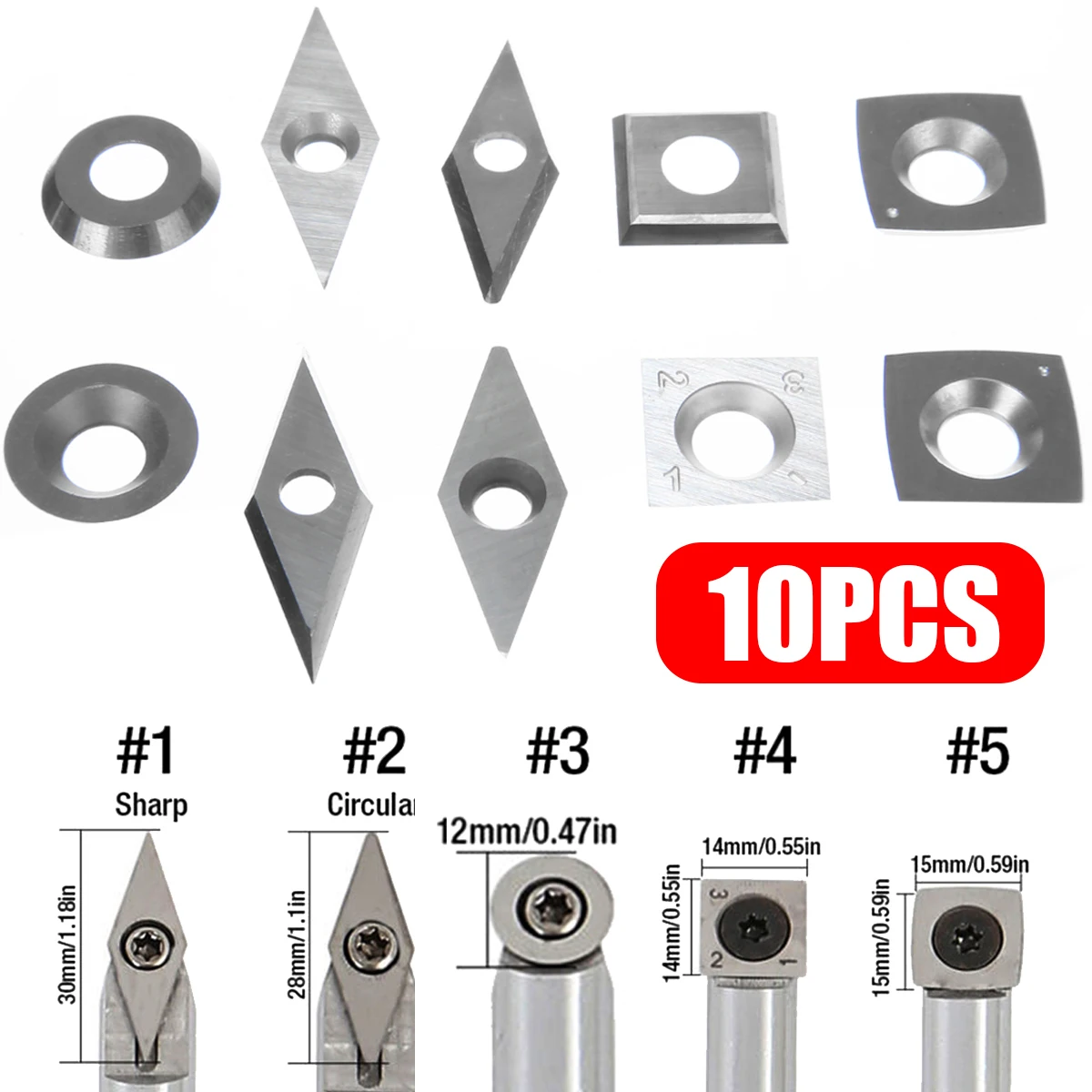 10Pcs Carbide Inserts Assorted Cutter Blades Set Diamond Square Round Wood Turning Working Lathe Tools Cutters