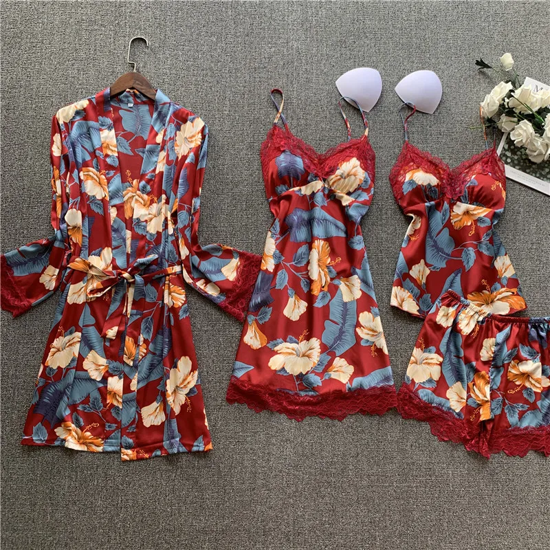 

Freshing Summer Woman 4 Pcs Set Silk Sexy Nightgown Robe Set Long Sleeve Satin Printing Bathrobe Set