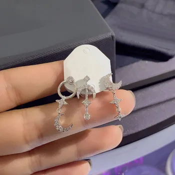 

UMGODLY 3pcs/set Fashion Silver Color Moon and Stars Stud Set Earrings with High Quality Zirconia Women Luxury Jewelry