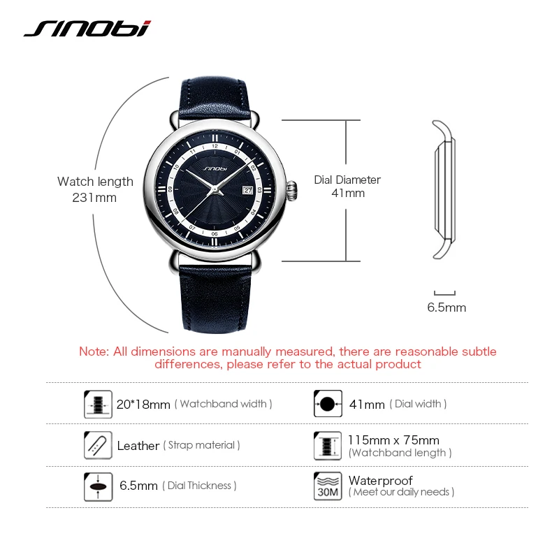 Sinobi Top Brand Luxury Men's Leather Watches Business Quartz Wristwatches Calender Male Sports Waterproof Clock montre homme