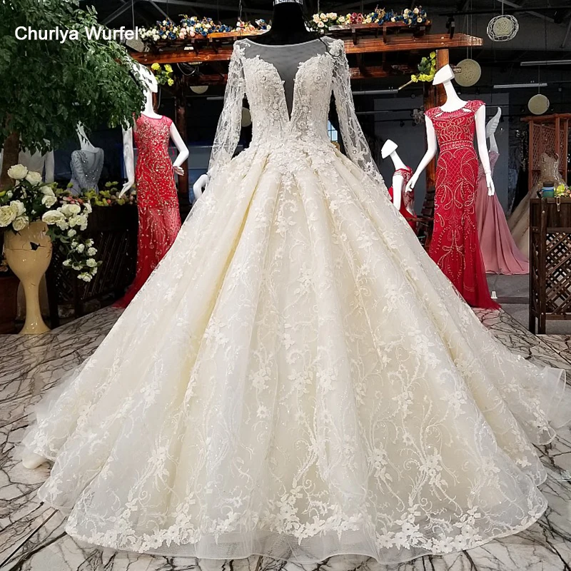 LS68880 свадебное платье с рукавами2018 дизайн 3D цветы оригинальные реальные картины показать открыть замочную скважину назад длинные рукава пухлые последнее свадебное платье