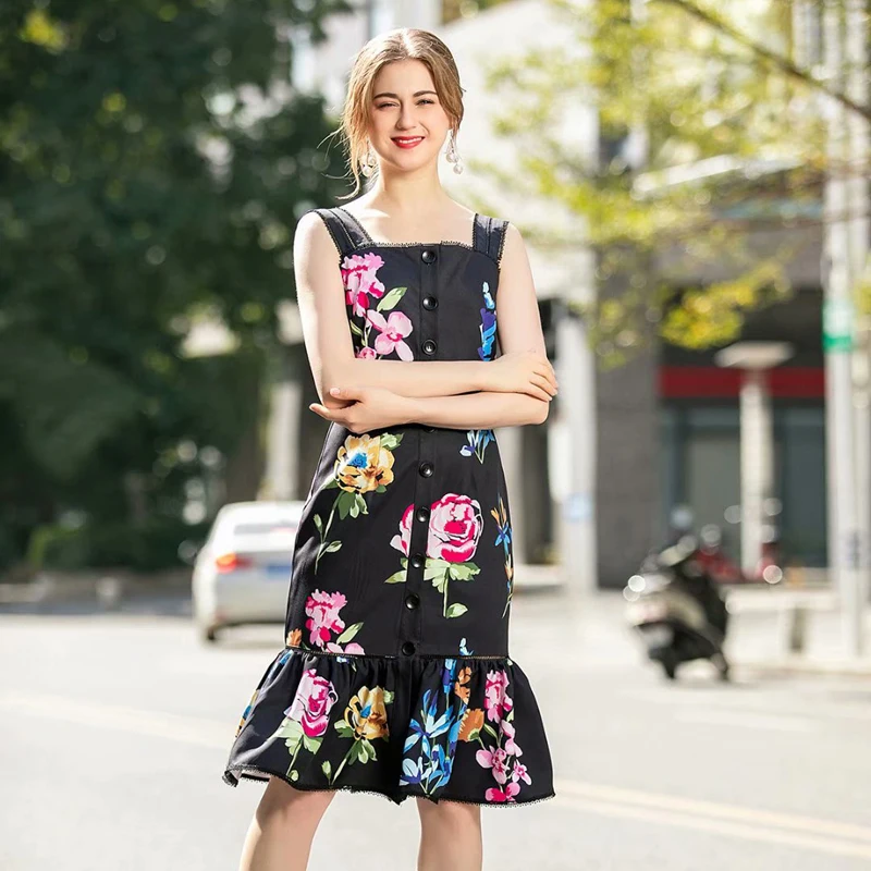 

Sexy Suspenders Stitching Lace Strapless Retro Print Flowers Slim Temperament Fishtail Mid-Length Dress Spring And Summer