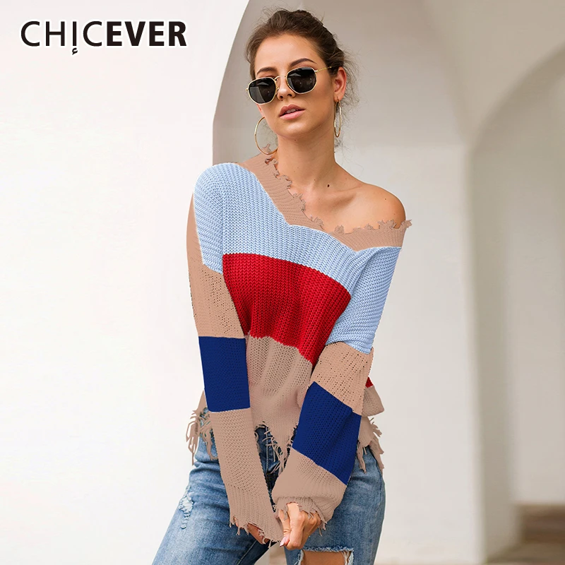 CHICEVER полосатый хит цвет свитер неравномерной длины джемпер для женщин V шеи рукав