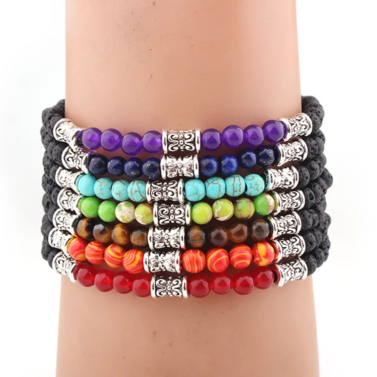 

Fashion New Vintage Silver Natural Stone Bracelet Chakra Volcanic Stone Beads Bracelet Colorful Chakra Energy Yoga Bracelet