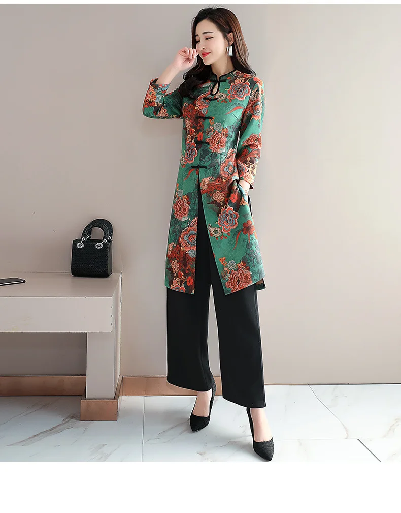 ao dai вьетнамское улучшенное платье Чонсам Женская традиционная одежда с цветочным принтом азиатское платье+ штаны комплект aodai костюм - Цвет: color5