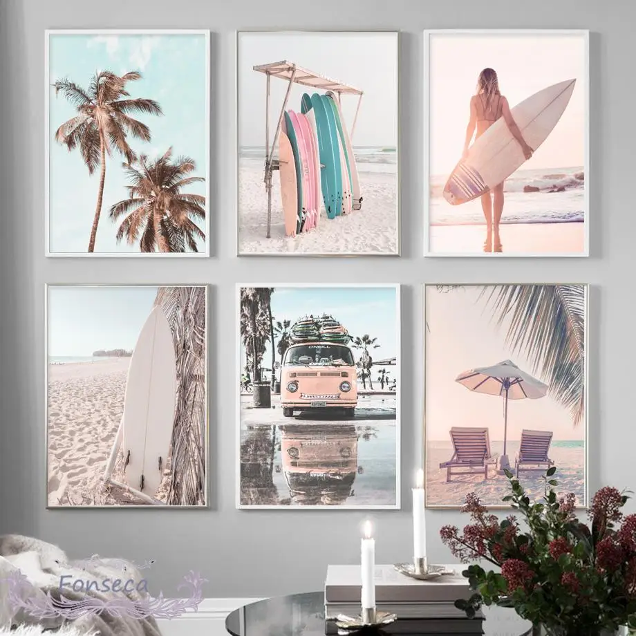 

Nordic Sunny Beach Landscape Pictures Pink Bus Blue Sky Surf Girl Palm Tree Poster Wall Art Canvas Painting For Living Room