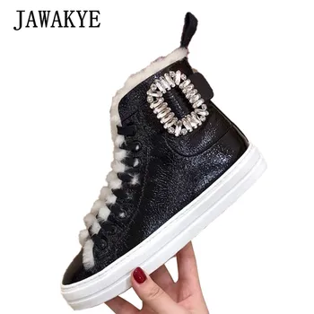 

New Winter Wool Lace up Ankle Boots Women Hidden Increase heel Flat fur shoes woman Crystal Buckle Cowboy Boots botas mujer