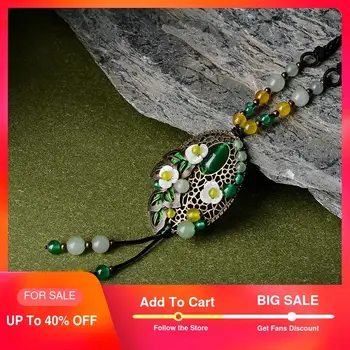 

Vintage Shell Flower Necklaces Woman Green Suspension long Necklace Pendant Rope Chain Ethnic Stone Necklace Fashion Jewelry2018