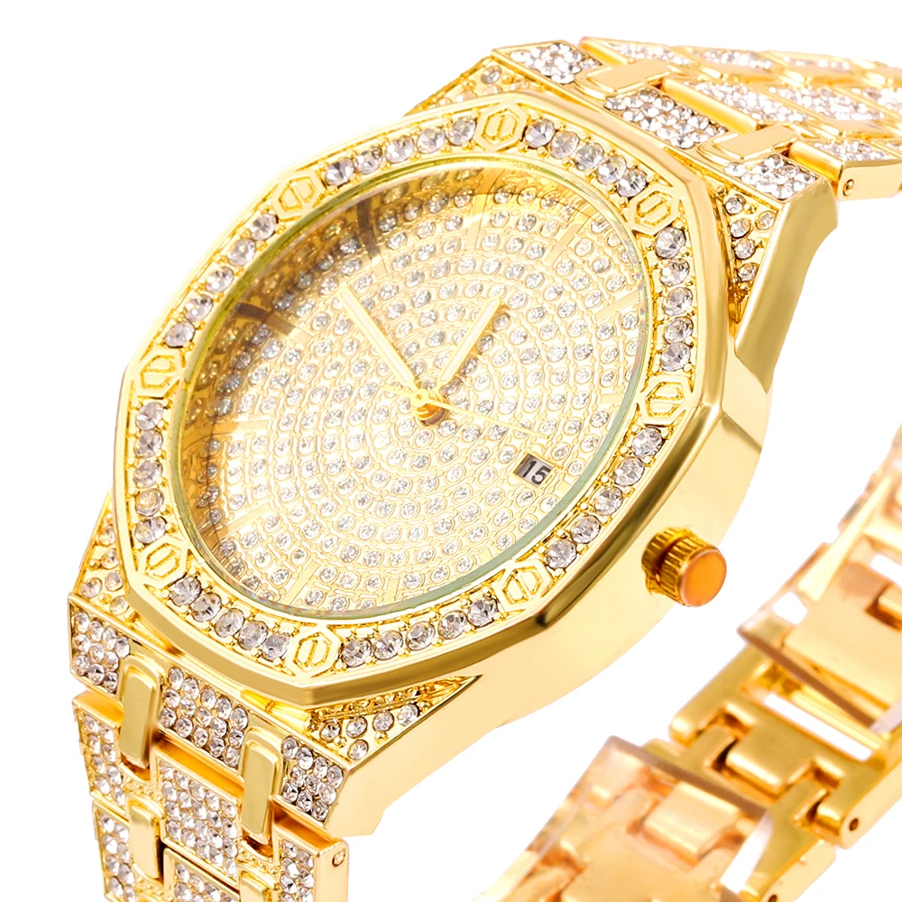 2024 Iced Out Watch Bracelet for Mens Watch Cuban Chain Iced Out Watch Hip Hop Watches Rhinestone Gold Watch Clock relogio 3