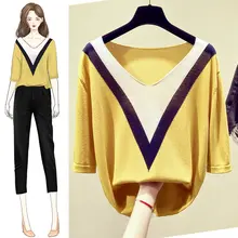 Свободный Длинный рукав для женщин носить весной и осенью стиль куртка с трендовым v-образным воротником средней длины в