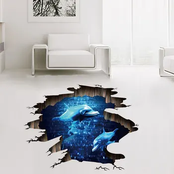 

3D dark blue dream dolphin floor Sticker bathroom living room floor decoration mural wall stickers home decor decals wallpaper