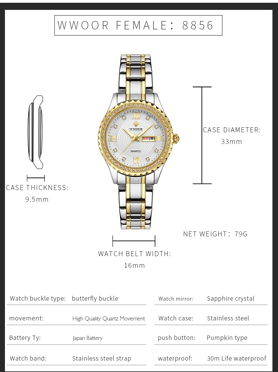 WWOOR New Gold Women Bracelet Watch Ladies Luxury Waterproof Full Steel Wrist Watch Women Dress Quartz Watch Relogio Feminion