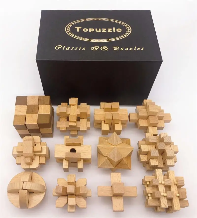 Set of 8: Natural and Dark Wood Wooden Puzzles