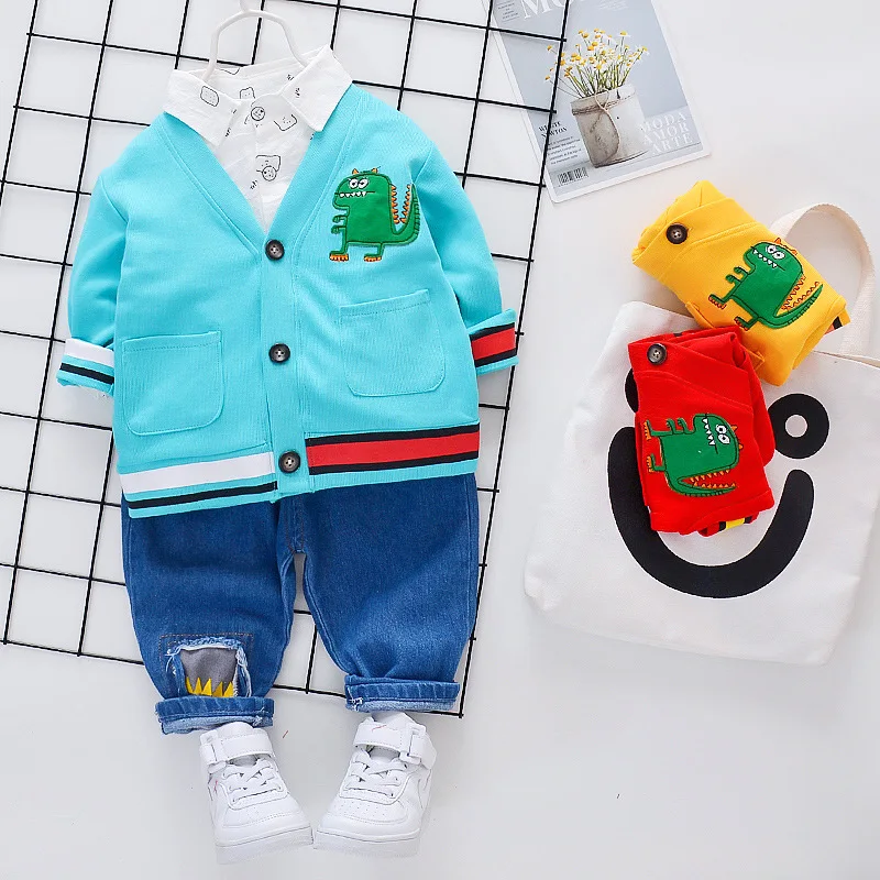 

2020 Spring New Style Male Baby Cartoon CHILDREN'S Suit Cardigan Dinosaur Three-piece Set Shirt Base Shirt