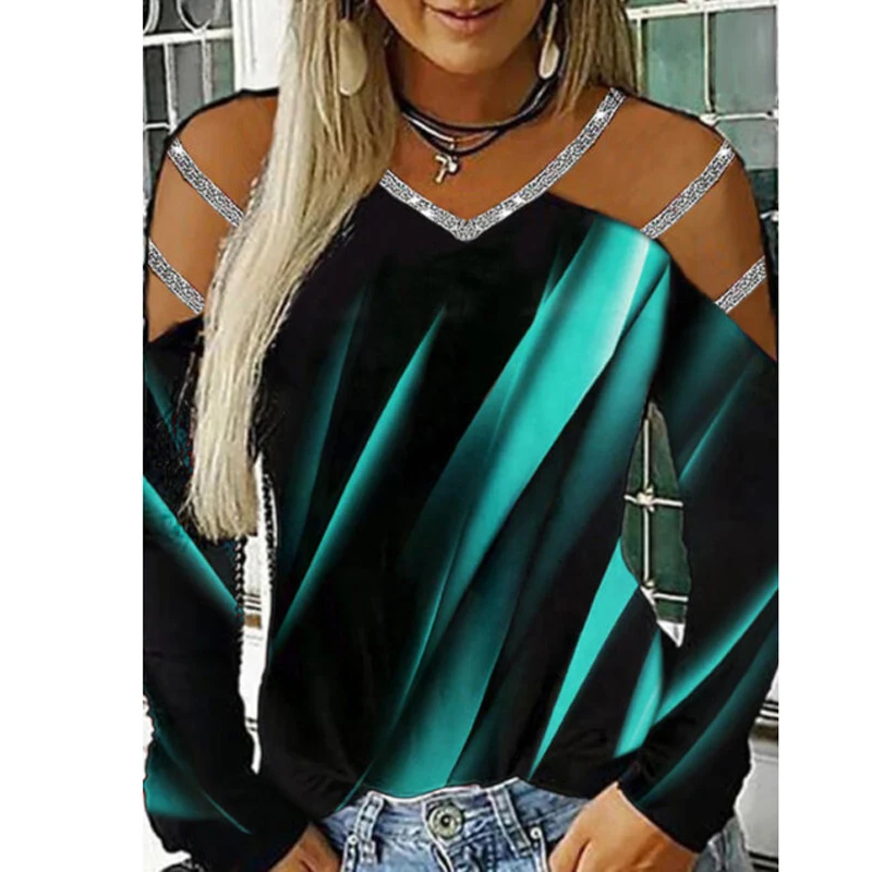 Venta caliente Las mujeres Verano de 2021 frío hombro Casual de manga larga blusas elegante cuello en V de imprimir primavera Sexy Camiseta calada Jersey aKwjMWqqBGn