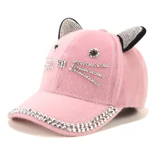 Зимняя бейсболка с ушками для женщин и девочек, со стразами, блестящая бейсболка с кошкой, милые детские шапки в стиле хип-хоп
