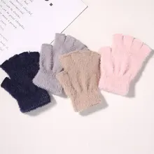 

Women Autumn Winter Mink Cashmere Gloves Pink White Women Warm Soft Half-Finger Mittens Short Knitted Elastic Fingerless Gloves