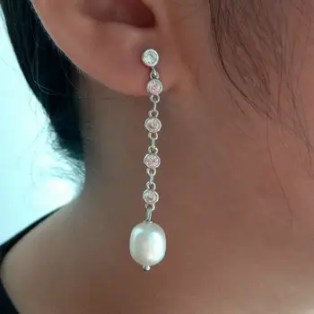 

2" White Rice Pearl Gold Plated Chain Stud Earrings