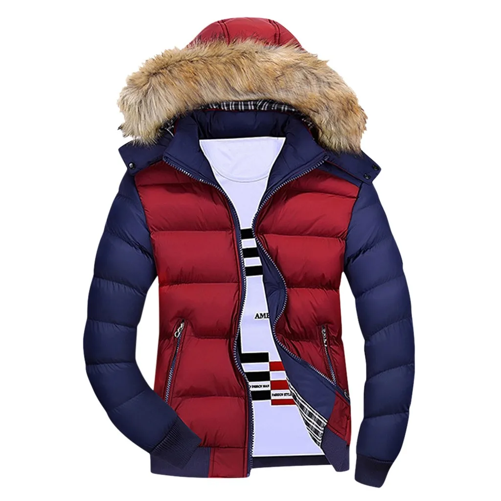 Зимняя мужская куртка, пуховик, хлопковое зимнее Стеганое пальто, Классическая парка, Мужская Утепленная куртка с меховым воротником, Мужская ветровка - Цвет: Красный