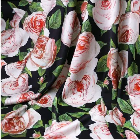 

145cm Width Pink Rose Black Polyester Charmeuse Fabric for Woman Summer Dresses Pajama Shirt Pants Sewing DIY-AF981