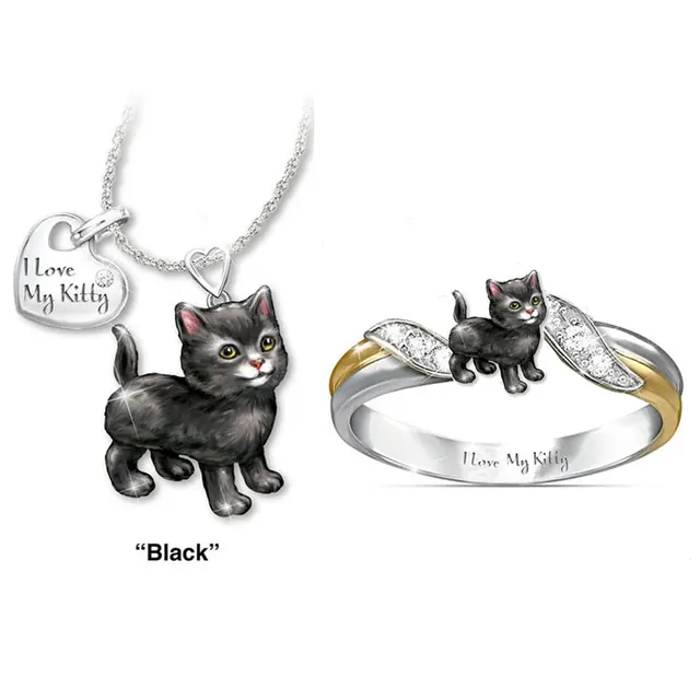 "I Love My Kitty" Cute Cat Jewelry Sets Cartoon Animal Necklace/Rings Jewelry Sets&More Statement Wedding Jewelry Gifts 1