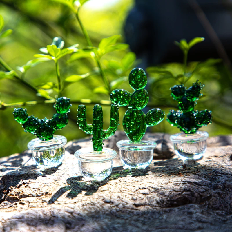 4pcs Handmade Glass Cactus Figurines Ornaments Mini Miniature Vehicle  Ornament