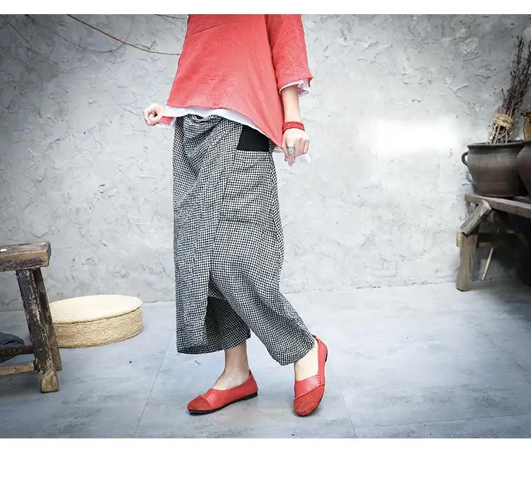 New Retro Cotton Linen Plaid Pockets Irregular Cross-pants Autumn Fashion Loose Comfortable All-match Women Pants