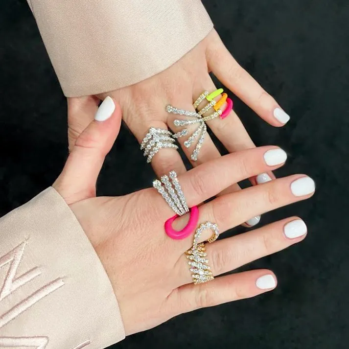 Open adjusted full finger ring for women gold color 5A cubic zirconia Neon enamel band rings